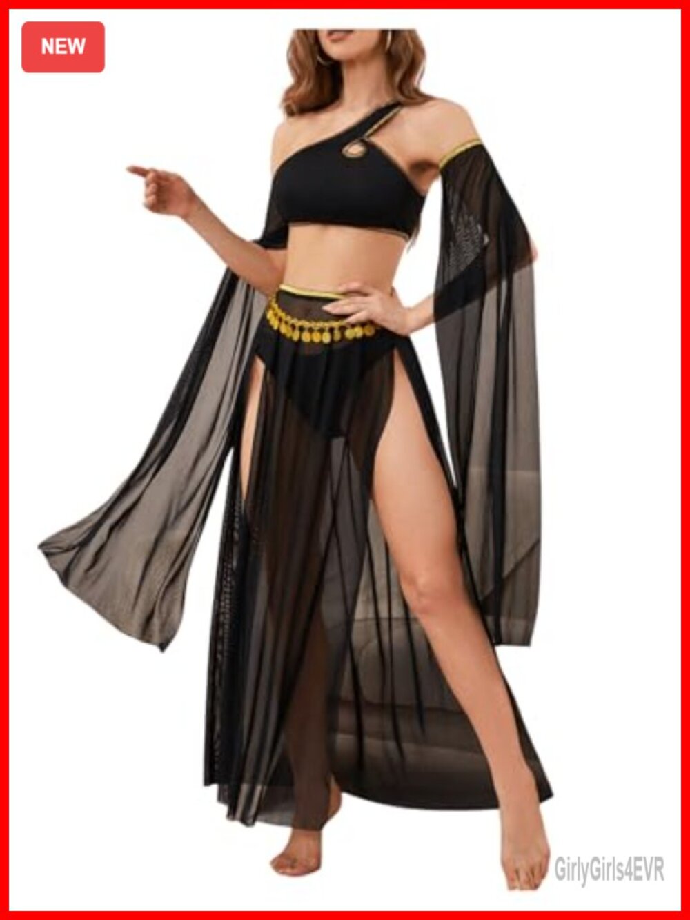 Belly Dancer Costume One Shoulder Crop Top Mesh Maxi Slit Skirt